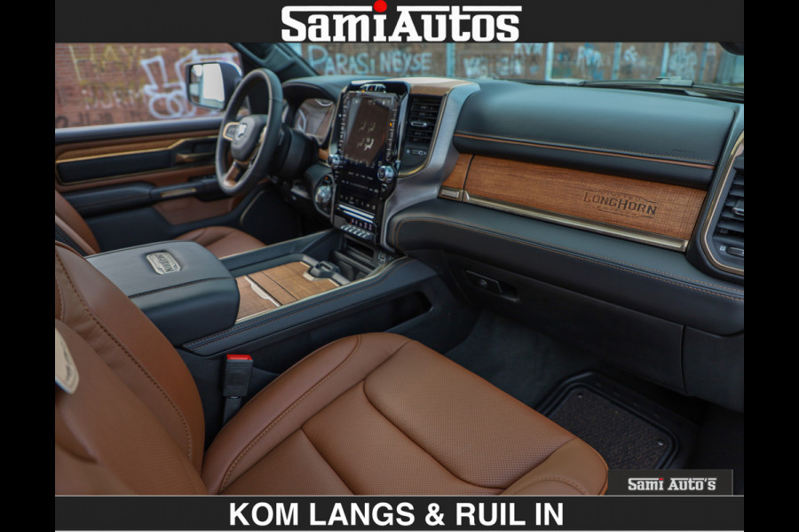 Dodge Ram LONGHORN BRUIN LEDER 5,7L V8 HEMI | VIRTUAL | HEAD UP | PANODAK | LUCHTVERING | BOM VOL | DC | 402 PK | CREW CAB | DUBBELE CABINE | 4X4 | 5 PERSOONS | GRIJSKENTEKEN | LIMITED