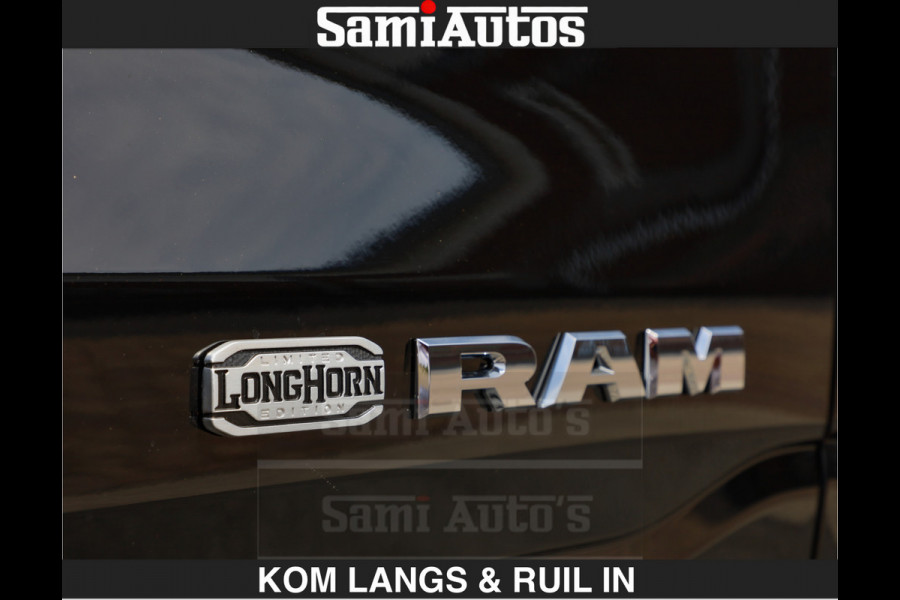 Dodge Ram LONGHORN BRUIN LEDER 5,7L V8 HEMI | VIRTUAL | HEAD UP | PANODAK | LUCHTVERING | BOM VOL | DC | 402 PK | CREW CAB | DUBBELE CABINE | 4X4 | 5 PERSOONS | GRIJSKENTEKEN | LIMITED