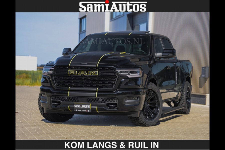 Dodge Ram Limited Night H.O 540HP 706Nm | Massage + Full Option | De Meest Luxe en Volle Pick-Up in zijn Klasse | Comfortabele Dubbele Cabine met Royale 5 Zitplaatsen | BPM vrij | Nu Leverbaar uit Voorraad | Voorraad Nr 2356 - 0990 | De specialist in Amerikaanse pick‑ups in Nederland en Europa.