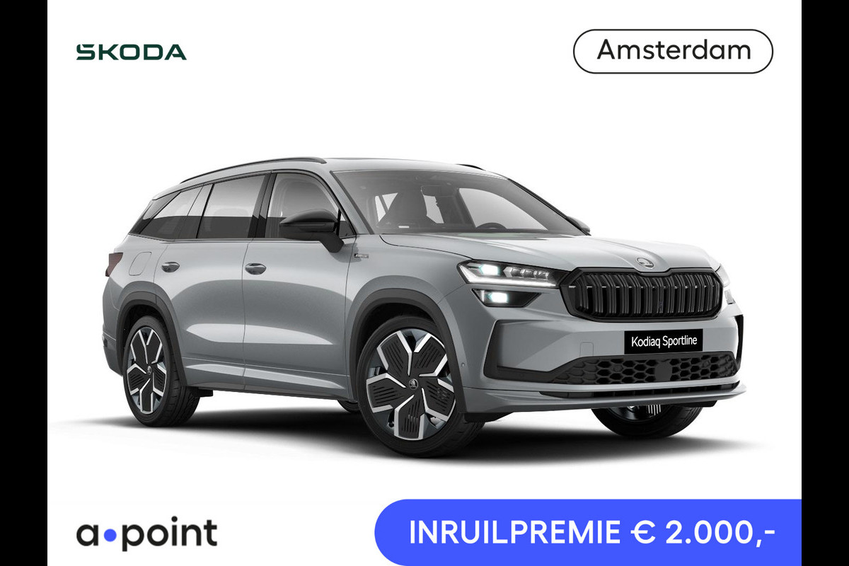 Škoda Kodiaq 1.5 TSI PHEV Sportline Business 204 pk 6 versn. DSG | Comfort Pakket | Panorama Dak | Dynamic Chassis Control Pakket | Head-up display | Parkeer Pakket | Trekhaak | Winter Pakket | Velgen: 20" lichtmetalen velgen Rila aero, antraciet zwart
