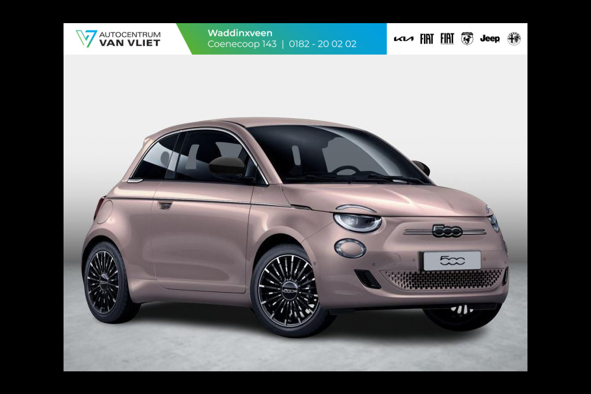 Fiat 500E La Prima 42 kWh | Uit voorraad leverbaar | Panoramadak | Adapt. Cruise | Pack Top Plus | Camera | Leder | Apple Carplay
