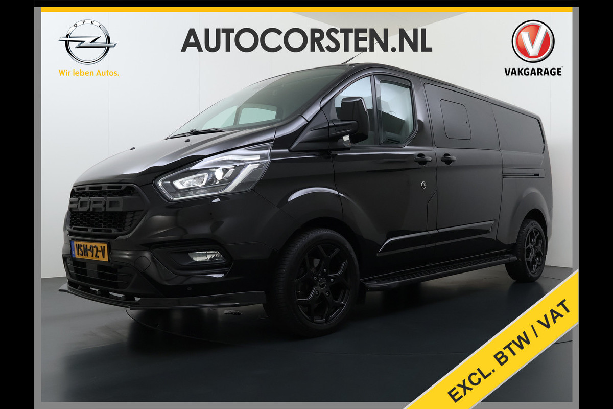Ford Transit Custom 320 2.0TDCI 170PK Automaat L2H1 Dubbele Cabine 2X Schuifdeur Adap.Cruise 5-Persoons Leder+Verwarmd Trekhaak Navi Camera Pdc Appl Euro 6 Lmv 18" Sidebars Betonplex Vloer Wandbetimmering Lane Assist 3.200KG Trekgewicht