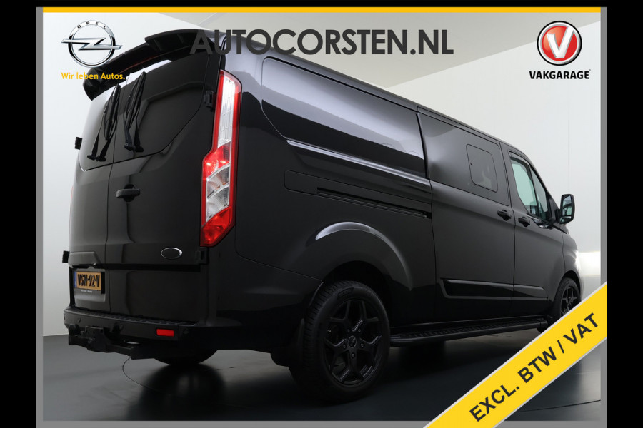 Ford Transit Custom 320 2.0TDCI 170PK Automaat L2H1 Dubbele Cabine 2X Schuifdeur Adap.Cruise 5-Persoons Leder+Verwarmd Trekhaak Navi Camera Pdc Appl Euro 6 Lmv 18" Sidebars Betonplex Vloer Wandbetimmering Lane Assist 3.200KG Trekgewicht