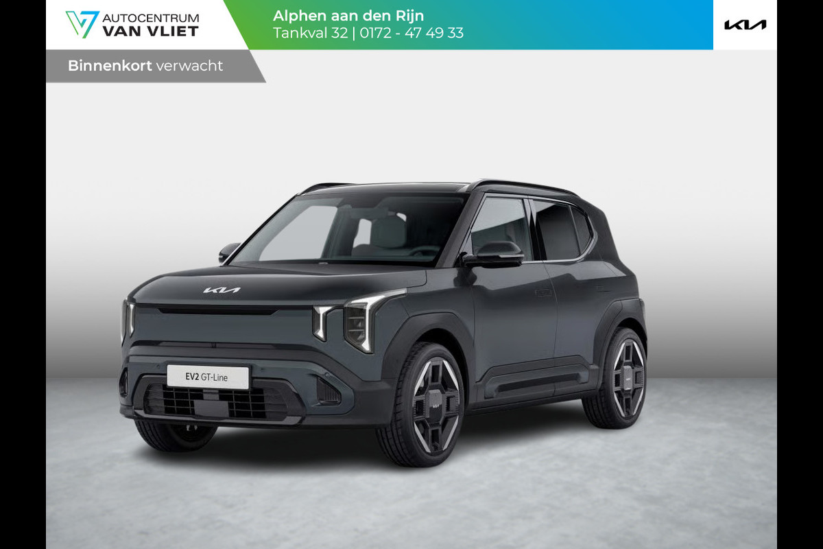 Kia EV2 GT-Line 61 kWh | 5p. | Actieprijs* | Navi. | Clima. | Adapt. Cruise | Stoel&Stuur Verwarming | Dakrails | 15L Frunk | Harman Kardon | Glazen Kanteldak | Vegan Lederen Stoelbekleding 'Black-Line' | Dodehoekcamera