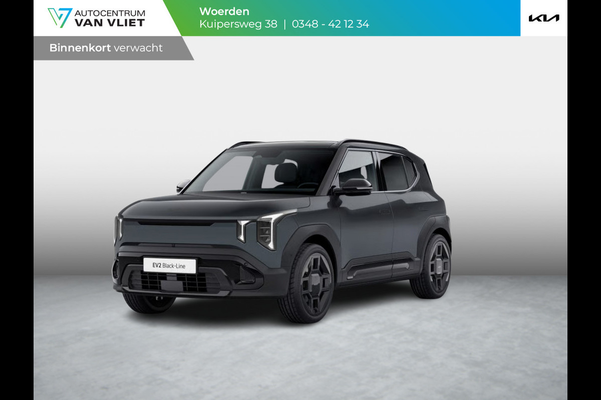 Kia EV2 Black-Line 61 kWh | Actieprijs* | Navi. | Clima. | Adapt. Cruise. | Stoel&Stuur Verwarming | 15L Frunk | Glazen Schuif-/Kanteldak | Harman Kardon | Vegan Lederen Stoelbekleding 'Black-Line' | Slimme Parkeerassistentie | Dodehoekcamera