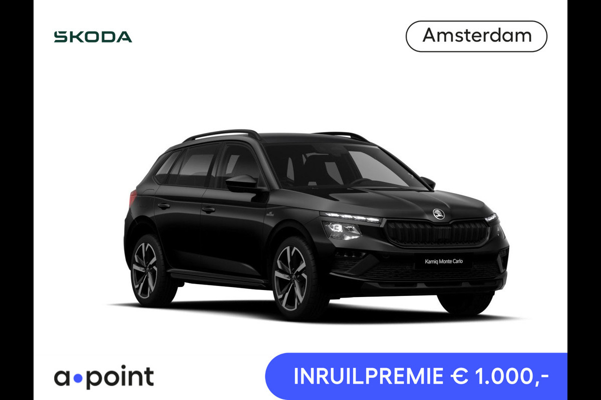 Škoda Kamiq 1.0 TSI Monte Carlo 115 pk 7 versn. DSG | Travel Assist Plus | Navigatie Pakket | Winter Premium & Charging | Trekhaak | Variabele Bagageruimtevloer Ruimtebesparend | Velgen: 18" lichtmetalen velgen Ursa Monte Carlo, zwart