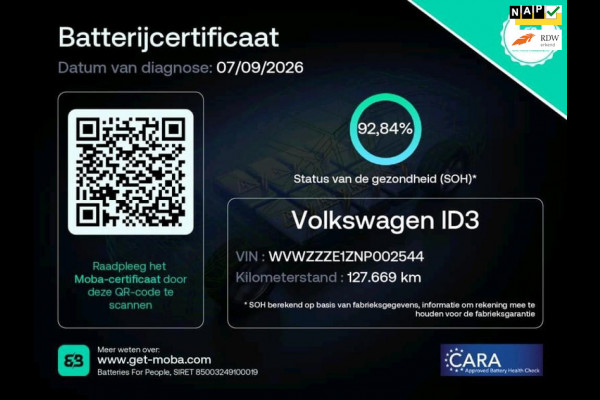 Volkswagen ID.3 Life 58 kWh Adaptive Stoelverw 93% SOH Rijklaarprijs incl BTW