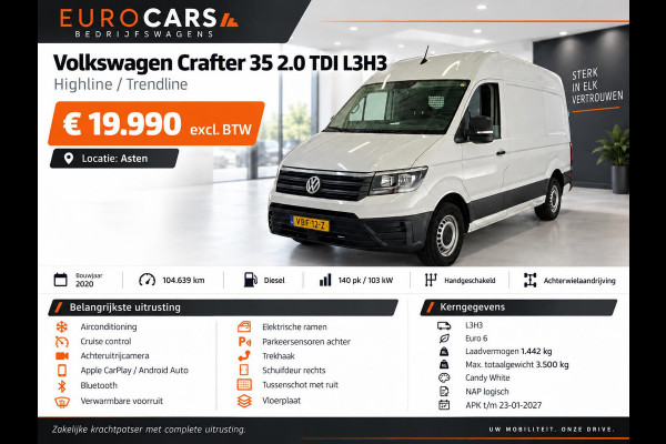 Volkswagen Crafter 35 2.0 TDI L3H3 Trendline RDW 140pk Camera PDC Achter Cruise Control Airco CarPlay Trekhaak 3000kg Bluetooth Composition Media Verwarmbare Voorruit Elek. Spiegels Elek. Ramen Centrale Vergrendeling Comfortstoel