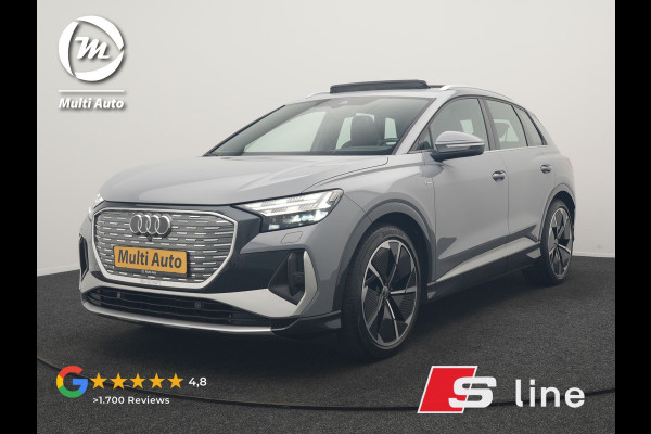 Audi Q4 e-tron 35 2x S Line 55 kWh 170pk Dealer O.H. | Panodak | Valcona Lederen Sportstoelen & Memory | Adaptive Cruise | Head Up | 360 Camera | Sonos Audio | Matrix LED | Keyless | Blis | Apple Carplay | Navigatie | DAB |