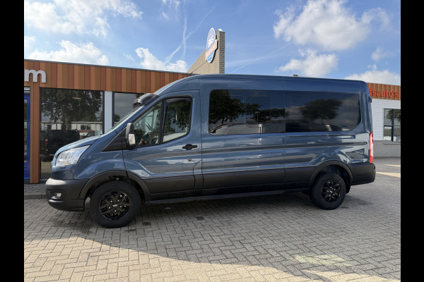 Ford Transit 350 2.0 TDCI 170pk L3H2 DC 5 persoons Trend / vaste prijs rijklaar € 25.950 ex btw / euro 6 / bpm vrij / lease vanaf € 424 / raptor grille / blauw metallic / trekhaak 2500 kg