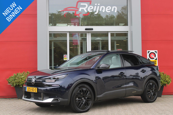Citroën C4 1.2 Hybrid 145PK AUTOMAAT MAX | PANORAMA SCHUIF/KANTEL DAK | PACK TECHNO: (DRAADLOZE TELEFOONLADER, CAMERA VOOR + ACHTER, DRIVE ASSIST 2, ADAPTIVE CRUISE CONTROL MET STOP & GO, MISTLAMPEN VOOR) | VERWARMBARE VOORRUIT EN STUURWIEL | 18" LICHTMETALEN VELGEN "AMBER BLACK" | AMBIANCE ALCANTARA GREY BEKLEDING: (ELEKTRISCHE STOELVERSTELLING BESTUURDERSSTOEL, IN HOOGTE VERSTELBARE PASSAGIERSSTOEL, ELEKTRISCHE LENDESTEUN VERSTELLING OP VOORSTOELEN, MULTIPOINT MASSAGEFUNCTIE OP VOORSTOELEN) | ECLIPSE BLUE METALLIC | DODEHOE DETECTIE | AUTOMATISCH GROOTLICHT | KEYLESS ENTRY/STAR