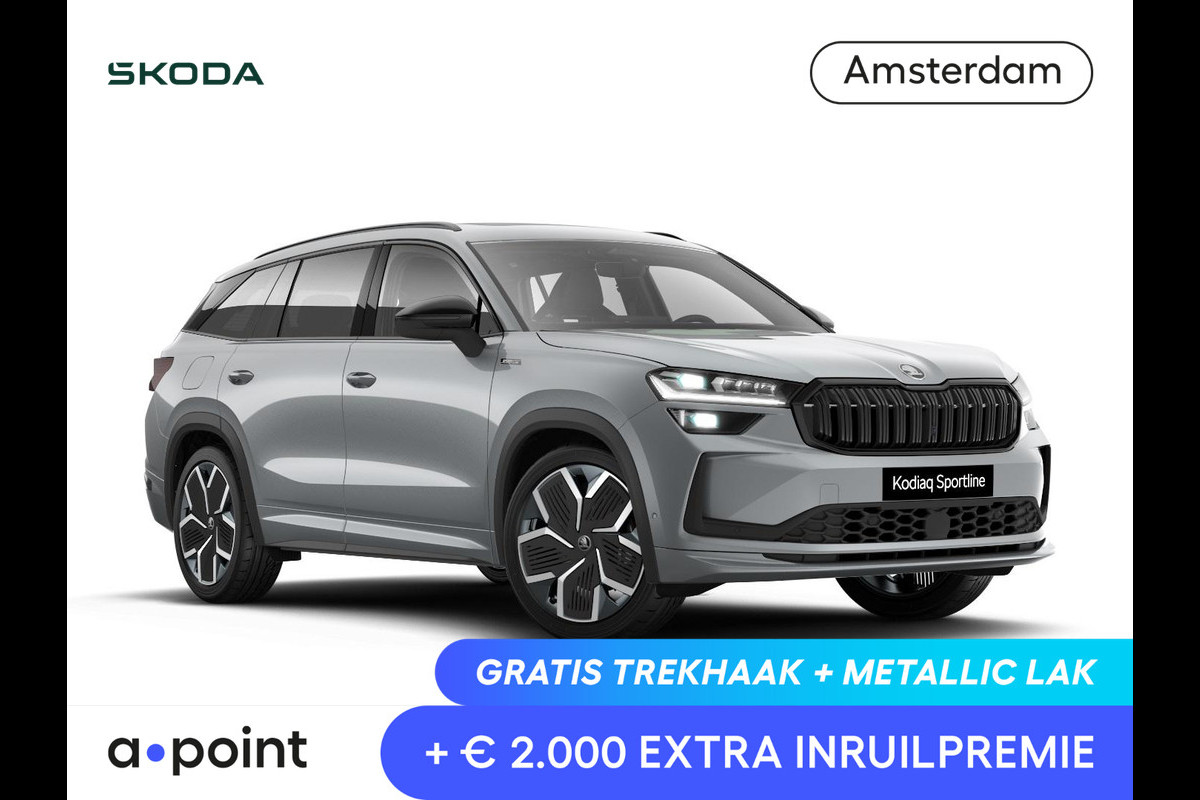 Škoda Kodiaq 1.5 TSI PHEV Sportline Business 204 pk 6 versn. DSG | Comfort Pakket | Panorama Dak | Dynamic Chassis Control Pakket | Head-up display | Parkeer Pakket | Trekhaak | Winter Pakket | Velgen: 20" lichtmetalen velgen Rila aero, antraciet zwart