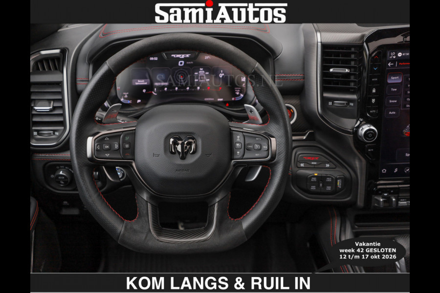 Dodge Ram TRX HELLCAT | 6.2 V8 712PK SUPERCHARGER | € 129.50 excl | RODE STIKSELS | FULLY LOADED | CARBON | CREW CAB | DUBBELE CABINE | 5 PERSOONS | De specialist in Amerikaanse pick‑ups in Nederland en Europa.