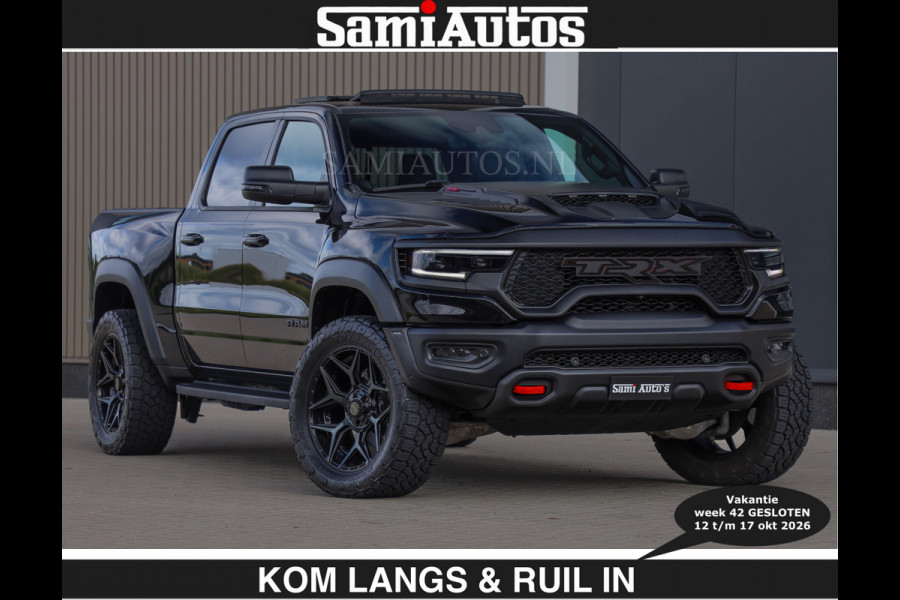 Dodge Ram TRX HELLCAT | 6.2 V8 712PK SUPERCHARGER | € 129.50 excl | RODE STIKSELS | FULLY LOADED | CARBON | CREW CAB | DUBBELE CABINE | 5 PERSOONS | De specialist in Amerikaanse pick‑ups in Nederland en Europa.