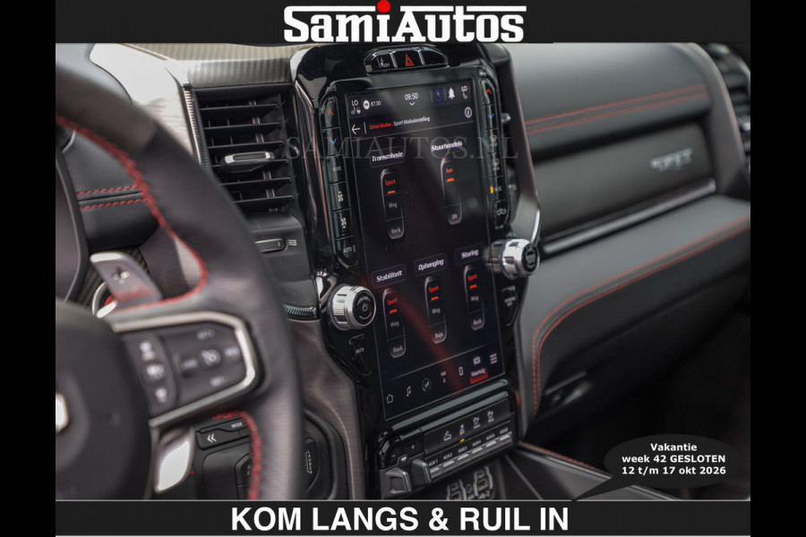 Dodge Ram TRX HELLCAT | 6.2 V8 712PK SUPERCHARGER | € 129.50 excl | RODE STIKSELS | FULLY LOADED | CARBON | CREW CAB | DUBBELE CABINE | 5 PERSOONS | De specialist in Amerikaanse pick‑ups in Nederland en Europa.