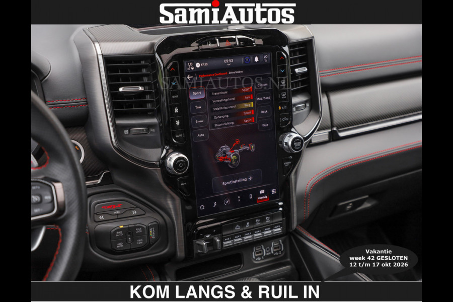 Dodge Ram TRX HELLCAT | 6.2 V8 712PK SUPERCHARGER | € 129.50 excl | RODE STIKSELS | FULLY LOADED | CARBON | CREW CAB | DUBBELE CABINE | 5 PERSOONS | De specialist in Amerikaanse pick‑ups in Nederland en Europa.