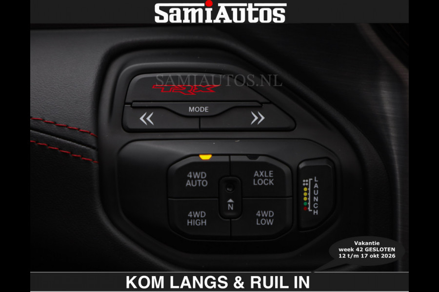 Dodge Ram TRX HELLCAT | 6.2 V8 712PK SUPERCHARGER | € 129.50 excl | RODE STIKSELS | FULLY LOADED | CARBON | CREW CAB | DUBBELE CABINE | 5 PERSOONS | De specialist in Amerikaanse pick‑ups in Nederland en Europa.