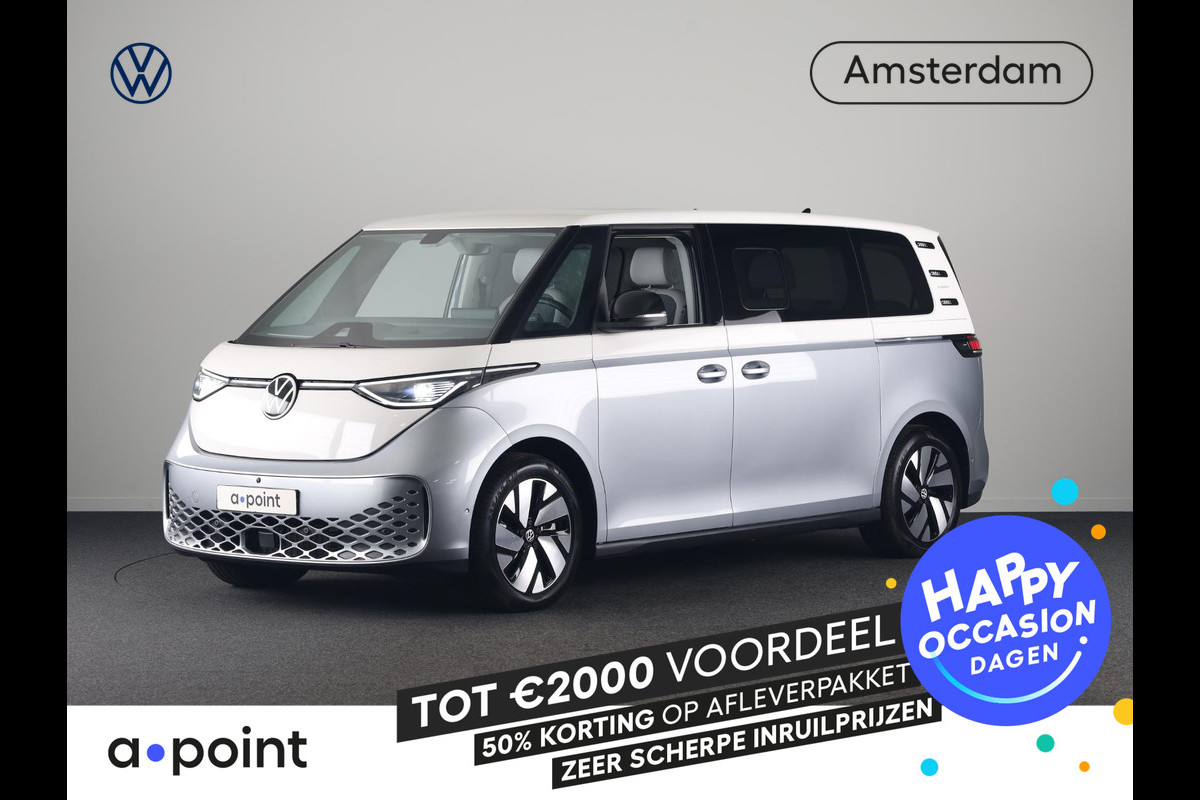 Volkswagen ID. Buzz Pro 79 kWh LWB 7p. 286 pk | SoH 98,74% | Warmtepomp | Navigatie | Panoramadak | Parkeersensoren (Park assist) | Rondomzicht camera | Stoelverwarming | Elektr. Schuifdeuren | Verwarmde voorruit | Verwarmd stuur |