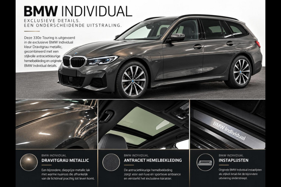 BMW 3 Serie Touring 330e Sportline Panoramadak Navi Carplay Cruise Control Full LED PDC VA Privacy Glass Live Cockpit Professional DAB+ Shadowline Hemel Antraciet