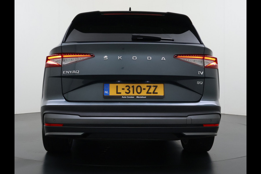 Škoda ENYAQ iV 80 204PK SOH 90% Panoramadak Adap.Cruise Warmtepomp 3-Zone Ecc Stuur+Stoelverwarming Camera Assistentie Pakket Plus Comfort Plus Lmv 20" Apple Carplay Android Auto Draadloze telefoonlader Elek.Achterklep Privacy Glas Dealeronderhouden 1e Eigenaar