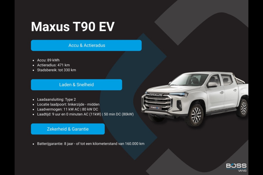 Maxus T90 89kWh 177PK Elektrisch Pickup 471km WLTP 93.4% (SOH) Snelladen LED Climate control Carplay Camera Elektrisch verstelbare lederen