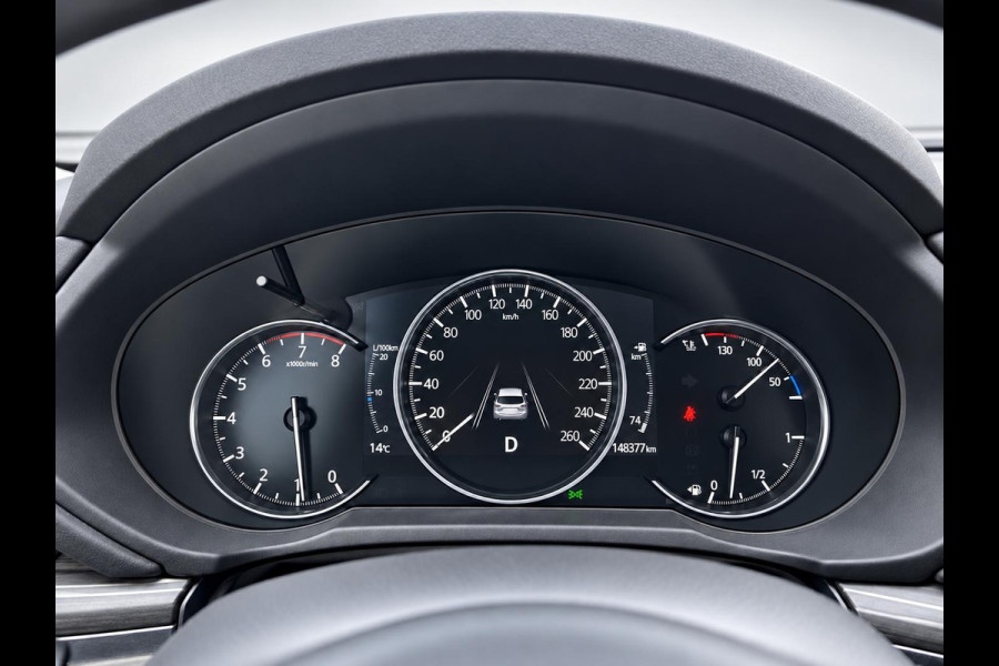 Mazda CX-5 2.5 4WD SkyActiv-G 194 Signature Panoramadak Trekhaak Navigatie 360 Camera Parkeerhulp Adaptive Cruise Control HUD Full Led Stoel verarming en verkoeling Stuurverwarming Elektrisch verstelbare stoel Leder Climate Control Lichtmetalen velgen