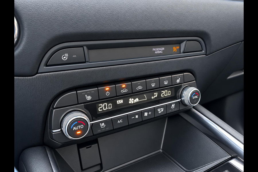Mazda CX-5 2.5 4WD SkyActiv-G 194 Signature Panoramadak Trekhaak Navigatie 360 Camera Parkeerhulp Adaptive Cruise Control HUD Full Led Stoel verarming en verkoeling Stuurverwarming Elektrisch verstelbare stoel Leder Climate Control Lichtmetalen velgen