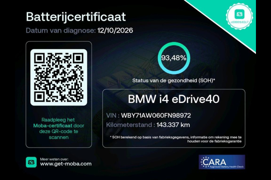 BMW i4 EDrive40 84 kWh 94% SOH (NL-auto,1e eig, Dealer OndH, H&K, Carplay, SfeerV, Trekhaak,Camera, Lane A, Active Cruise, Etc)